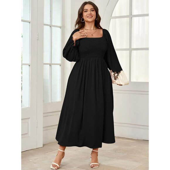 Plus Size Maxi Dress Long Sleeve Square Neck Smocked Boho Wedding Party - Picture 5 of 7